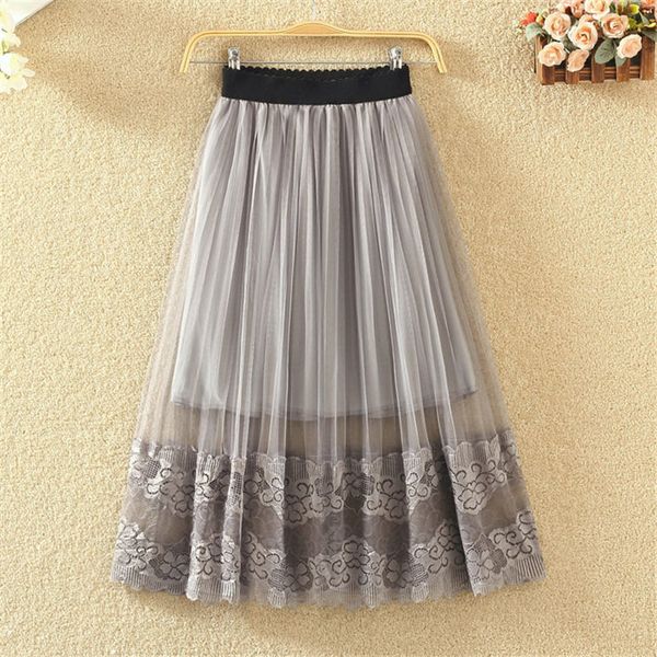 

peonfly spring summer women skirts lace mesh hollow out slim pencil pleated skirts elegant transparent gray white femme, Black