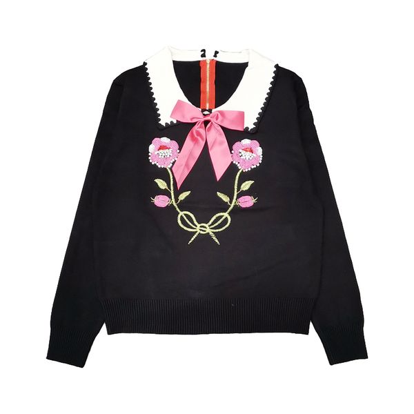 

luxury designer brand knitted sweater for women bow doll collar embroidered sequins nails flowers loose knitted pullover sweater, White;black