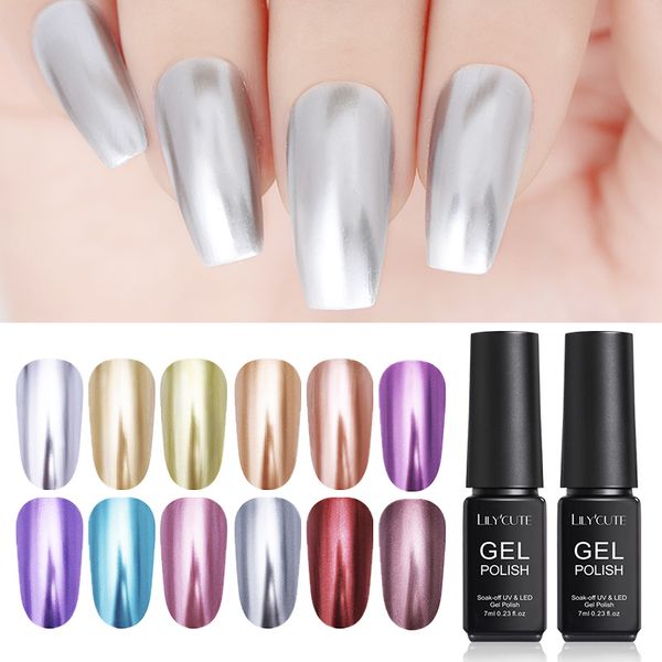 

lilycute 7ml metallic gel nail art polish mirror effect shining design long lasting soak off led uv gel nail varnish 12 colors, Red;pink