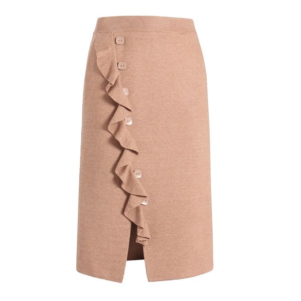 

2019 high waist knitted women winter bodycon skirt chic ruffle women autumn midi skirt faldas jupe femme saia, Black