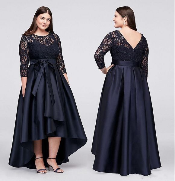 

dark navy lace mother of the bride dresses 3/4 long sleeves high low evening gowns plus size party prom dresses pd4082, Black;red