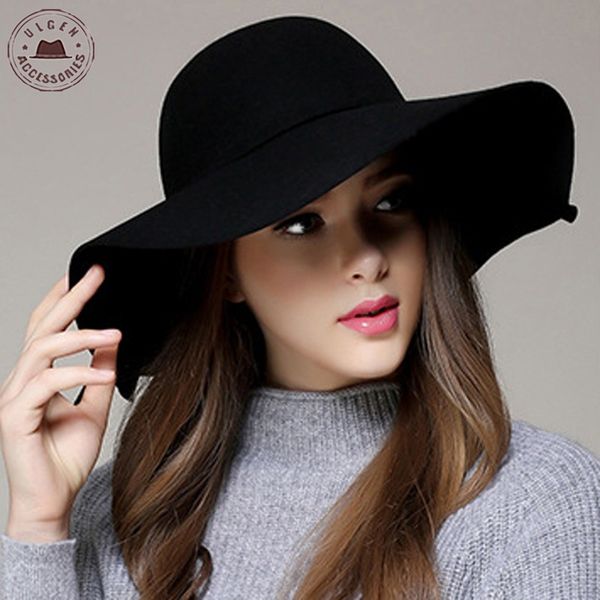 

chapeau casual fedora cap wide brimmed dome hats wool floppy hat womens black cloche hats [gen-621, Blue;gray