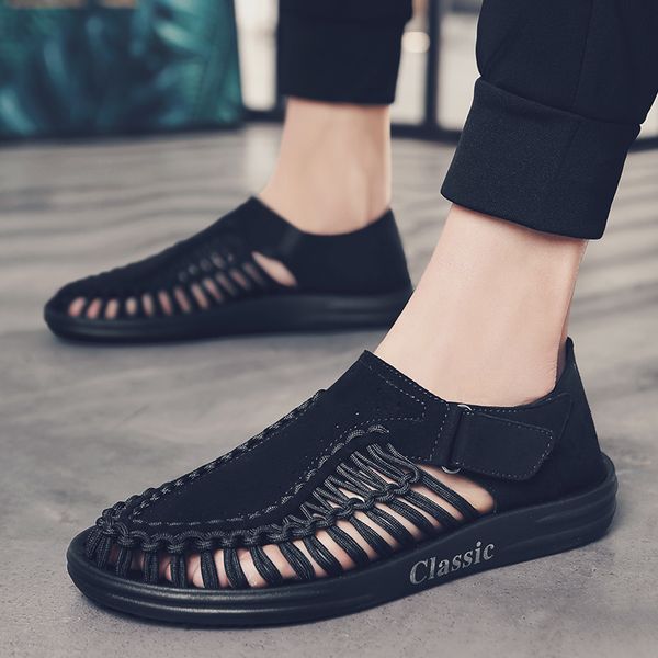 

men sandals 2020 outdoor shoes summer beach walking flat handmade roman closed toe for vietnam fisherman fashion designer mens y200702, Black