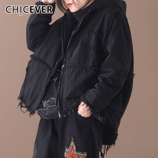 

women's down & parkas chicever plus velvet patchwork tassel denim hooded long sleeve oversize thick cotton coat female 2021 winter, Black