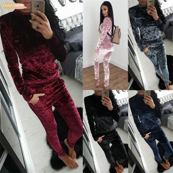 

women velvet sets fashion long sleeve bodycon slim sweat suits hoodies tracksuit full length two sweatshirt piece trouser women, White