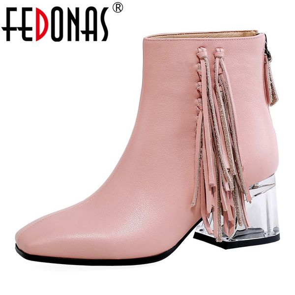 

fedonas sweet women genuine leather back zipper side fringe decoration ankle boots square toe strange high heels shoes woman, Black