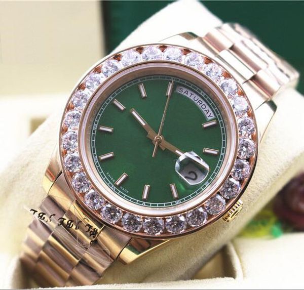

factory supplier new mens 18 kt yellow gold 41mm bigger diamond watch automatic movement men watches green dial, Slivery;brown