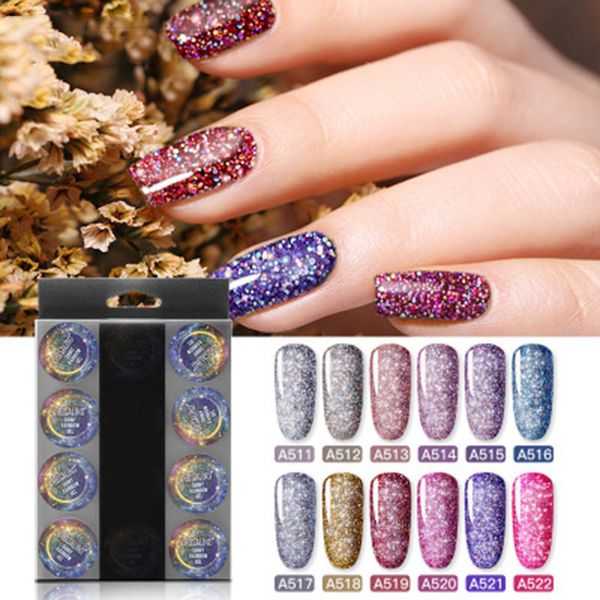 

12pcs sparkling rainbow gel nail polish set soak off uv led glitter manicure nail art gel oa66, Red;pink