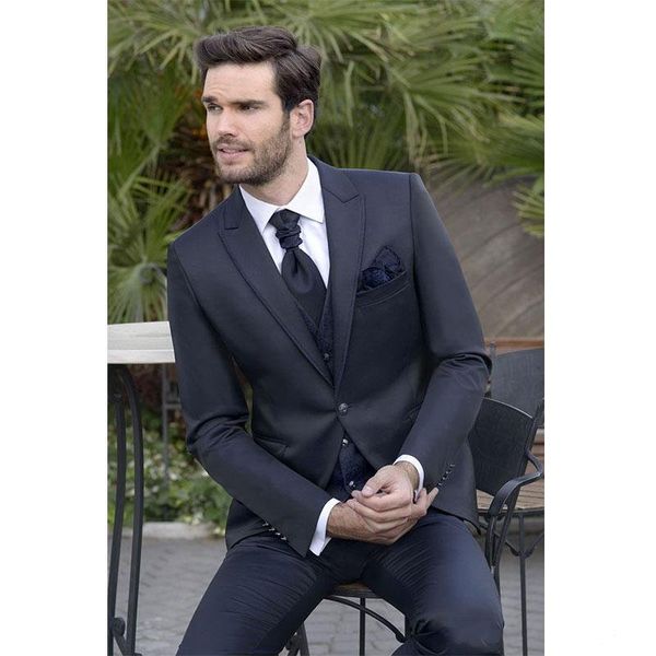 

new style one button navy blue wedding groom tuxedos peak lapel groomsmen men suits prom blazer (jacket+pants+vest+tie) no:1993, Black;gray