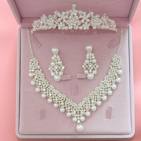 

brand women wedding jewelry set necklace fashion crystal pendants rhinestone bridal earrings exquisite crown princess set, Slivery;golden