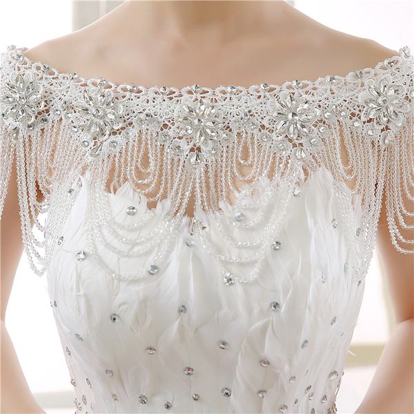 

beading crystal bride shoulder chain rhinestone necklace wedding wrap tulle fashion custom made bridal jackets for bohemian wedding dress, White