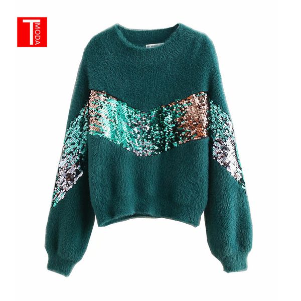 

2019 spring women chic sequined patchwork knitted sweaters long sleeve o neck stretchy pullovers female green casual warm, White;black