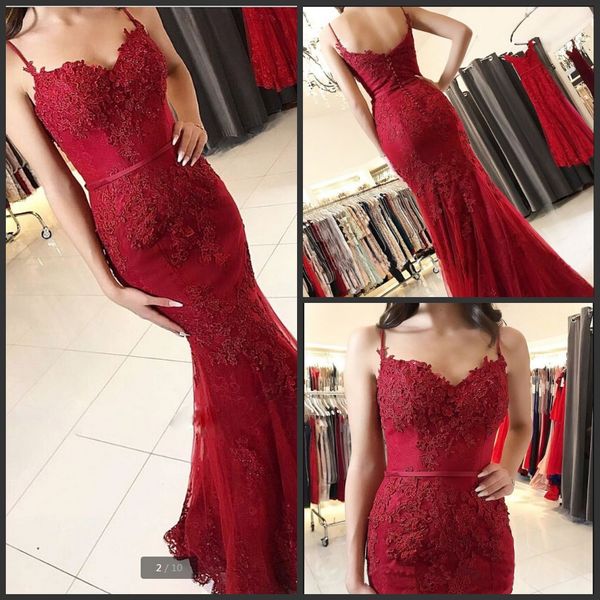 

new spaghetti straps mermaid red lace evening dress sweetheart neck beaded open back evening gowns prom party sale, Black;red