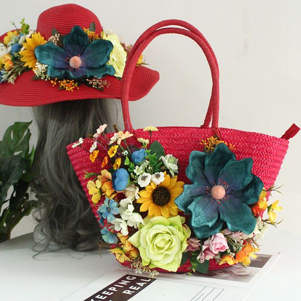

красочные искусственный цветок соломы пляж сумка высокого класса customized женщины моды волны rattan летние каникулы lady tote hat костюм к