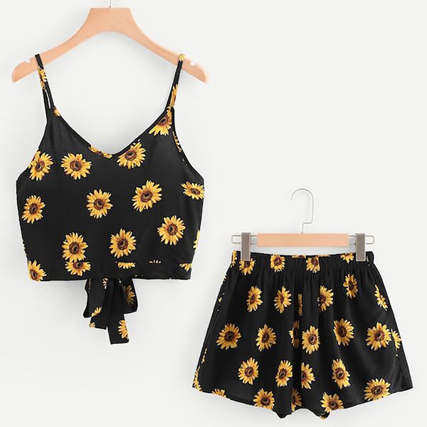 

womail set women v-neck sling sleeveless print sunflower bow crop cord shorts outfit set women two piece summer may 27, White