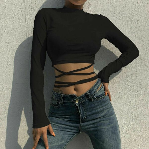 

new fashion women crop long sleeves crew neck ladies t-shirts slim fit summer streetwear, White