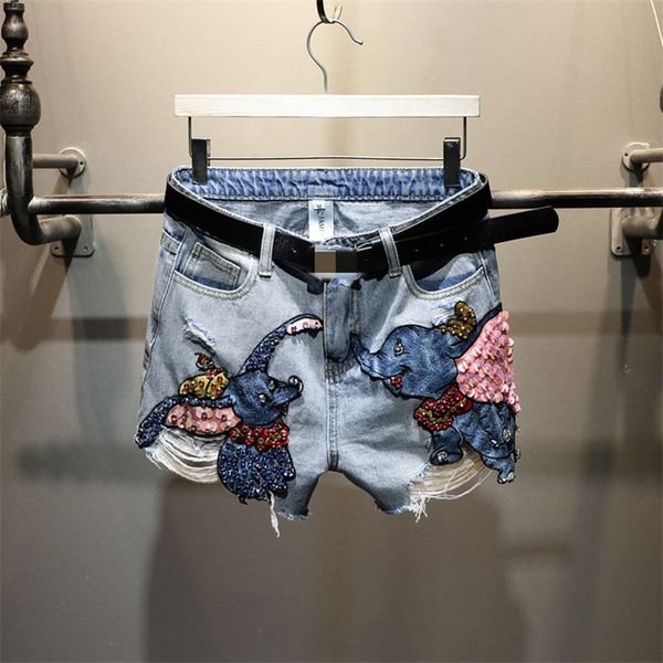 

women's shorts woman high waist loose wide-leg korean style cartoon patchwork embroidery-flares hole casual female short trousers, White;black