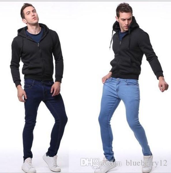 

basic style mens stretchy ripped skinny biker jeans taped slim plain color denim pants regular denim jeans, Blue