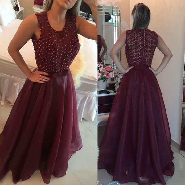 

2019 burgundy long prom dresses lace with beads sheer jewel sheath organza floor length evening gowns formal women special occasion dress, Black