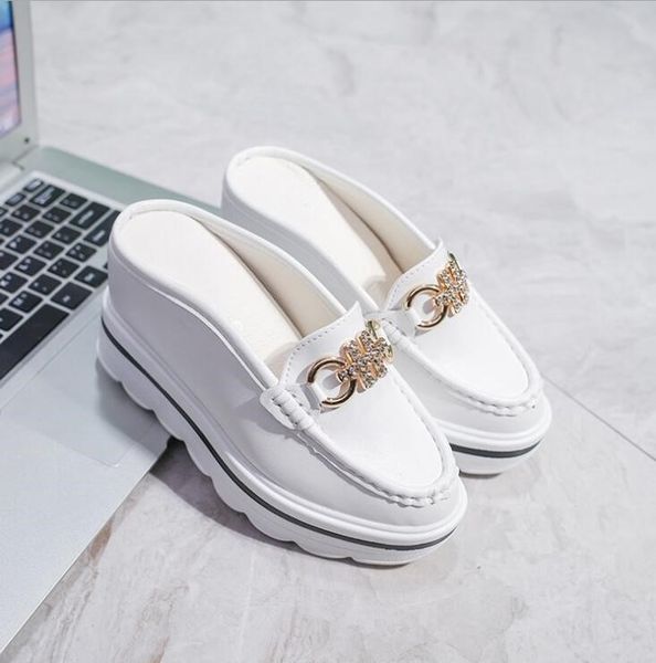 

effgt 2018 woman mules shoes sandals rhinestone chains metal buckle design slippers baotou platform shoes wedges slipper c16, Black