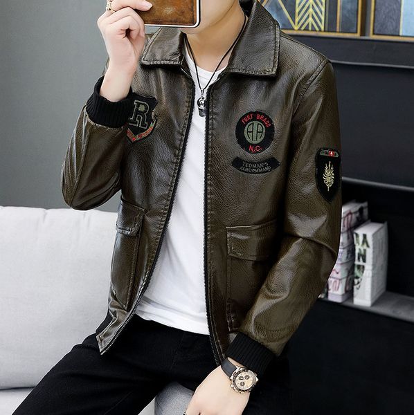 

designer men's leather flight jackets long sleeve for autumn winter thick solid jacket fleece warm coat plus asian size m-4xl 2 colors