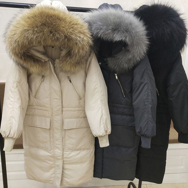 

large real raccoon fur collar 2020 winter parka female winter jacket women hooded warm long white duck down jacket thick coat, Black