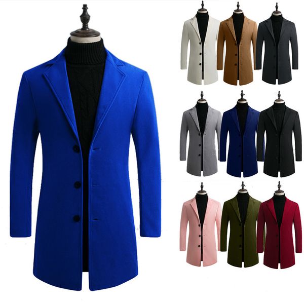 

new korean version slim trench coat men winter woolen blended coat collar design long outwear overcoat 10 color, Black