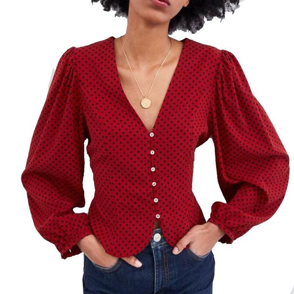 

2019 spring lantern sleeve polka dot blouses women back bow sweet ladies long sleeve deep v neck red shirt, White