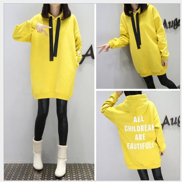 

drop shopping big size fat lady yellow red thickened hooded coat loose long women's sweater autumn winter hoodies sweatshirt, Black
