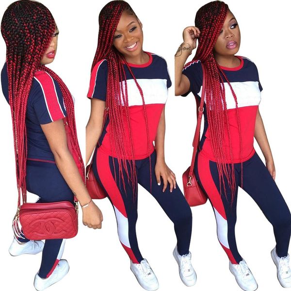 

contrast color geometric patchwork casual 2 piece set pullover short sleeve o collar and casual pencil pants women set 5197, White