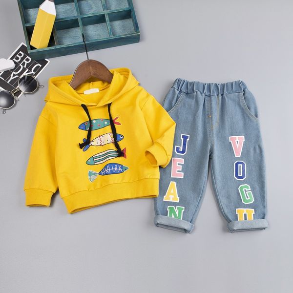 

autumn cartoon baby boys long sleeve hoodie sweatshirt +print denim pants 2pc children kids clothes set #sa, White