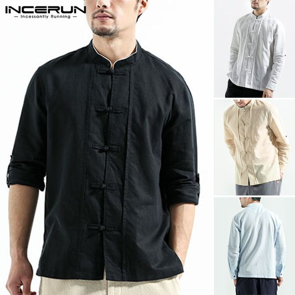 

2020 summer men chinese style cotton button shirt long sleeve solid color shirt retro tang suit stand collar camisa incerun, White;black