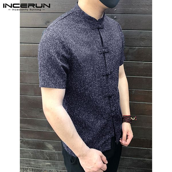 

incerun summer tunic male chinese 2019 youth slim tang suit short-sleeved shirt retro embroidery buckle collar collar hanfu male, White;black