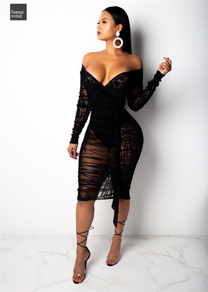 

рюши sheer midi платье lace bodycon плюс размер женщина sexy v шея плечо с длинным рукавом оболочка клуба платье партии, Black;gray
