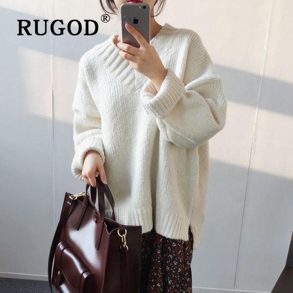 

rugod chic v-neck knitted sweater warm pullover simplee winter for women clothes 2019 solid color elegant, White;black