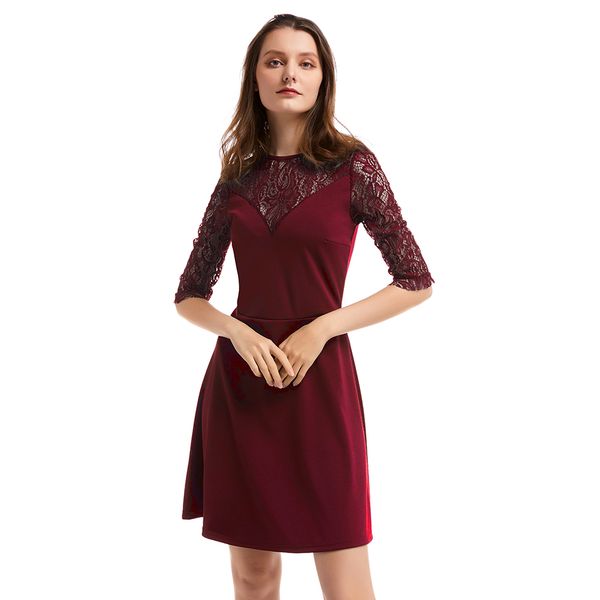 

bikitique knitted and patchwork lace round neck mid sleeve party dress women elegant casual party dress defined waist vestidos, Black;gray