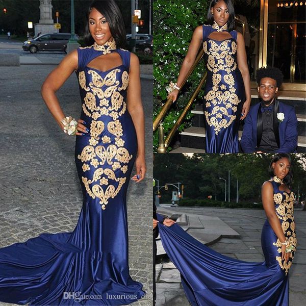 

2019 elegant navy blue mermaid prom dresses high neck sleeveless gold lace appliques evening gowns formal party robe de soiree, Black