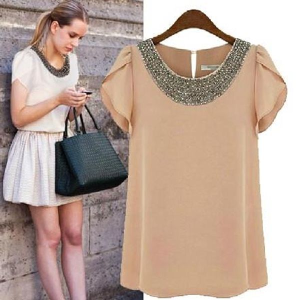 

мода лето футболка повседневных женщины топов тис vintage коротких рюши рукав beads дама ol шифон футболка vestidos пуловер b58, White