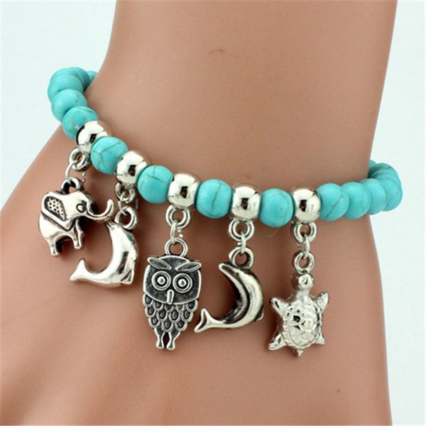 

fashion retro bohemian turquoise bracelet laady creative pendants turquoise beaded bracelet woman party travel jewelry accessories zfj559, Red;brown