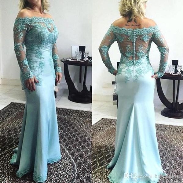 Ozeanblaue Kleider für die Brautmutter, langärmelig, Spitzenapplikationen, schulterfrei, mit Knöpfen, Abendkleider, elegantes Abendkleid, formelles Kleid nach Maß