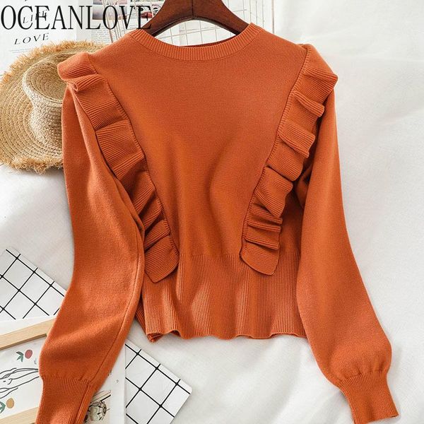 

oceanlove solid simple korean sweaters women ruffles casual winter clothes pullovers 2019 fashion sueter mujer all match 134571, White;black
