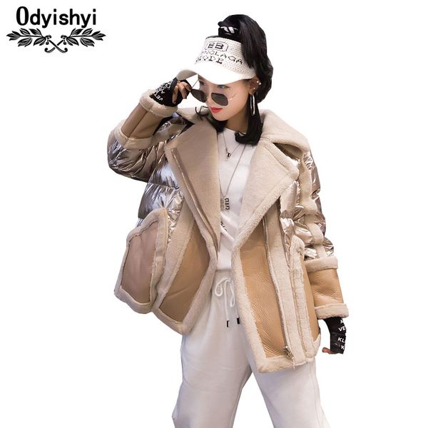 

winter women silver jacket 2019 lambswool fur one down jackets fashion glossy stand collar cotton coat women outerwear warm h106, Black