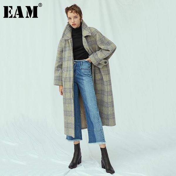 

eam] loose fit gray plaid long oversize woolen coat parkas new turn-down collar long sleeve women fashion winter 2019 jy845, Black