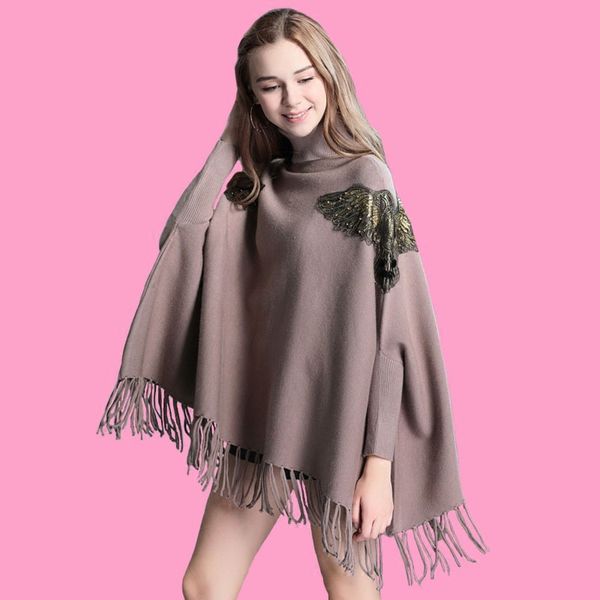 

ponchos and capes 2019 autumn and winter new women's bat sleeve high collar sweater knitwear embroidery tassel long cloak shawl, Black