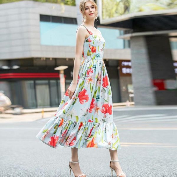 

summer women fashion square collar sleeveless dress ms fine print ruffles red flowers print a-line silhouette dresses, Black;gray