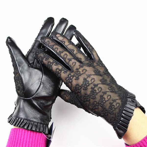 

eldiven promotion real women gloves 2018 female leather gloves touch screen embroidery lace wrinkled sheepskin unlined driving, Blue;gray
