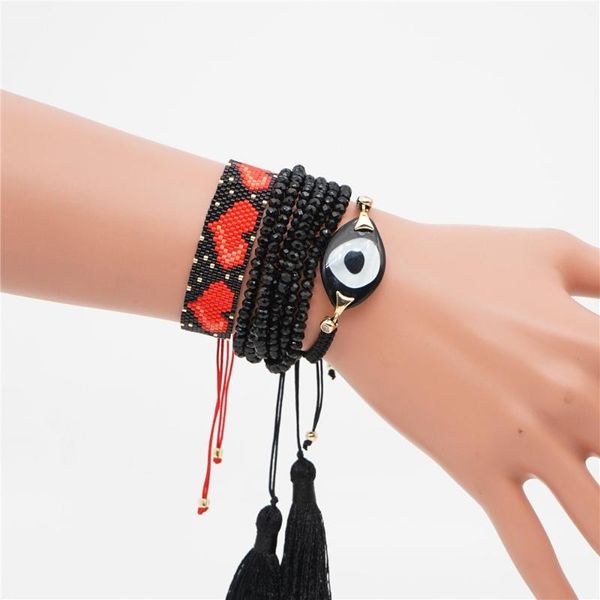 

zhongvi turkish evil eye bracelet miyuki red heart bracelet for women boho jewelry pulseras mujer 2020 tassel handmade design, Black