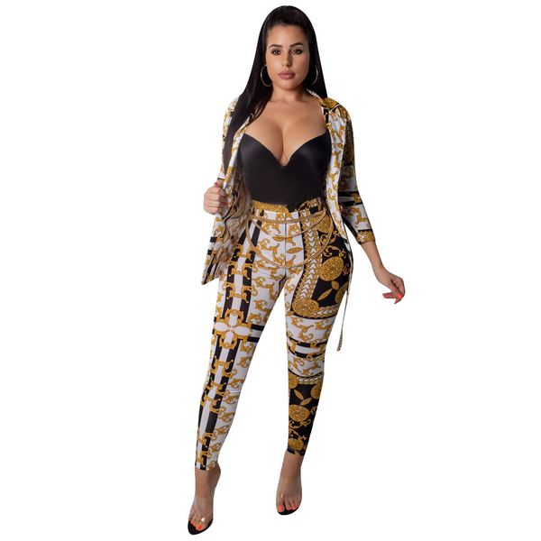 

2019 women autumn full sleeve vintage paisley blazer coat + skinny long pants two piece set lady bodycon outfits suits l5258, White