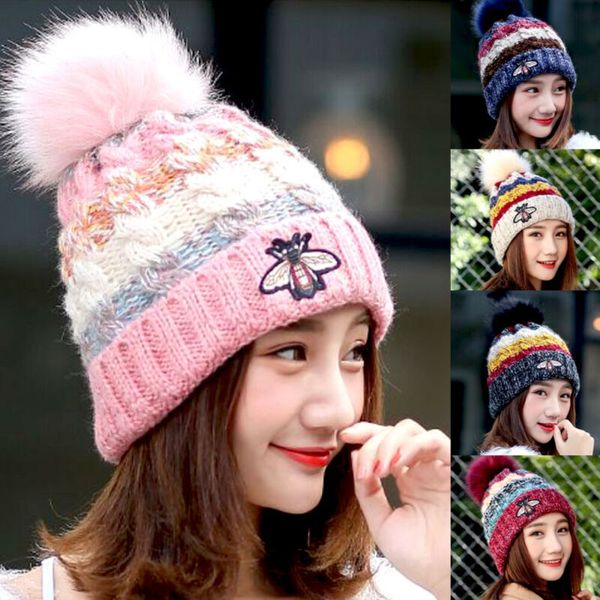 

2019 Autumn Winter Women Ladies Warm Kitted Beanies Multi Colors Winter Crochet Ski Cap Baggy Beanie Pom Pom Slouchy Hat