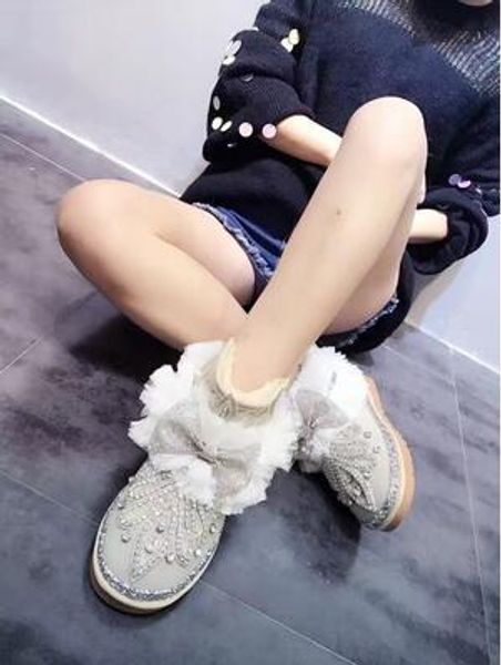 

rhinestone pattern sweet lace bow ankle boots real leather snow boots, Black